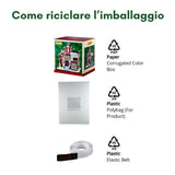 Imballaggio riciclabile composto da scatola in cartone a colori, sacchetto e cintura elastica in plastica PP05.