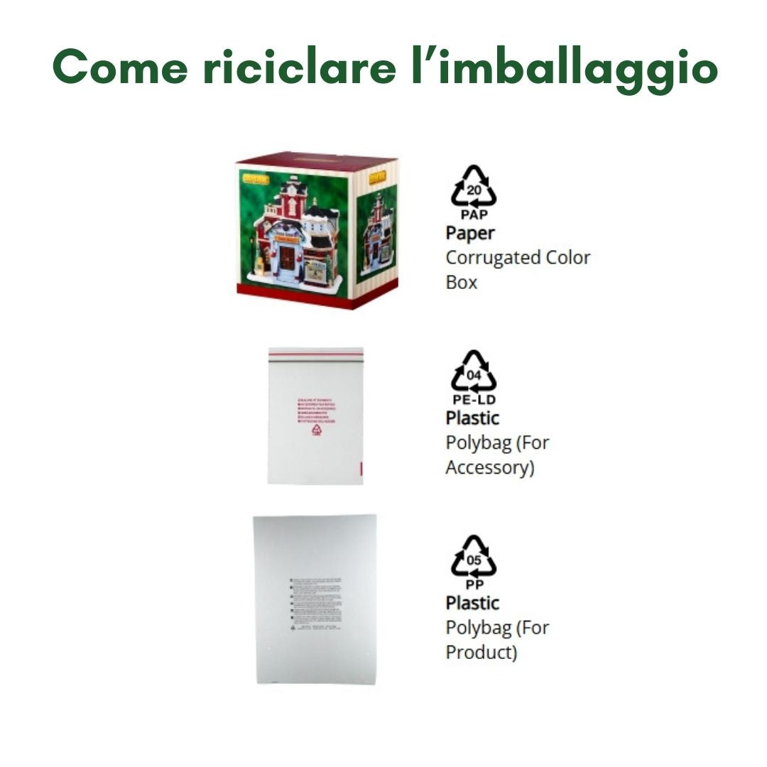 Imballo riciclabile composto da una scatola di cartone e due sacchetti di plastica.