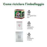 Imballo riciclabile composto da una scatola di cartone e due sacchetti di plastica.