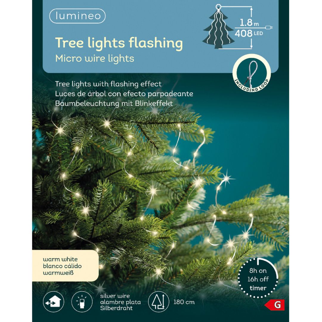 Confezione di luci LED a cascata Lumineo da 408 micro LED bianco caldo su filo argento, effetto lampeggiante, lunghezza 1,8 m.