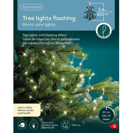 Confezione di luci LED a cascata Lumineo da 832 micro LED bianco caldo su filo argento, effetto lampeggiante, lunghezza 2,4 m.