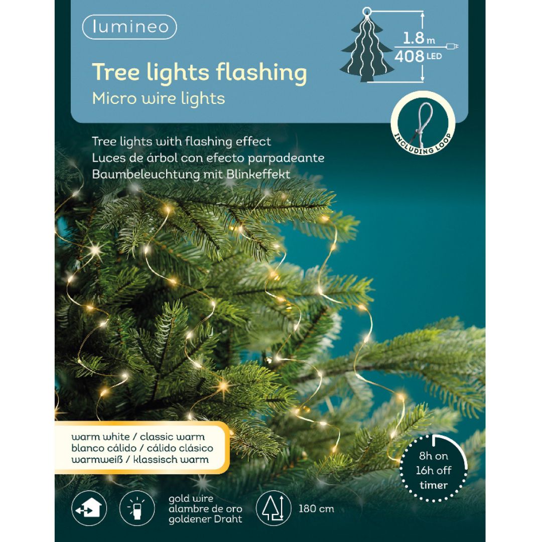 Confezione di luci LED a cascata Lumineo da 408 micro LED bianco caldo e tradizionale su filo oro, effetto lampeggiante, lunghezza 1,8 m.