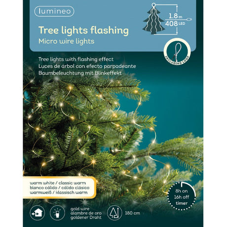 Confezione di luci LED a cascata Lumineo da 408 micro LED bianco caldo e tradizionale su filo oro, effetto lampeggiante, lunghezza 1,8 m.