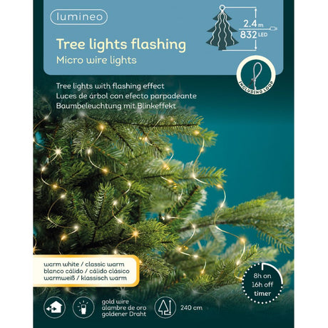 Confezione di luci LED a cascata Lumineo da 832 micro LED bianco caldo e tradizionale su filo oro, effetto lampeggiante, lunghezza 2,4 m.