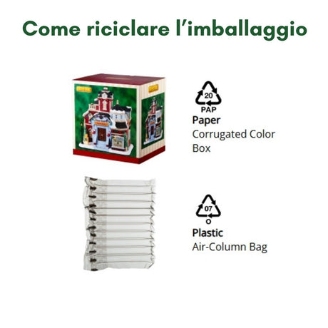 Imballaggio riciclabile composto da scatola in cartone ondulato e sacchetto a colonne d’aria in plastica.