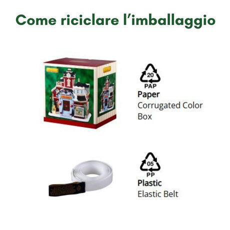 Imballaggio riciclabile composto da scatola in cartone ondulato a colori e cintura elastica in plastica PP05.