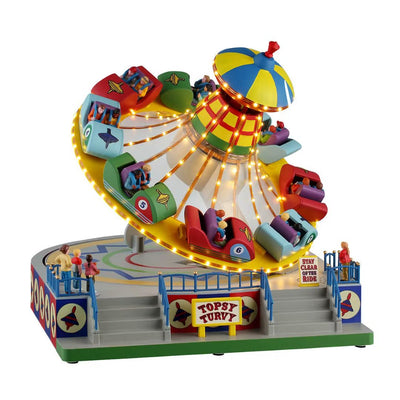 Giostra lunapark colorata in miniatura con luci LED e personaggi su fondo bianco.