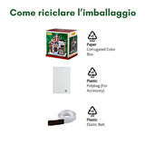 Imballaggio riciclabile composto da scatola in cartone ondulato a colori, busta e cintura elastica in plastica PP05.