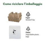 Imballaggio riciclabile composto da cartone modellato e sacchetto in plastica degradabile.