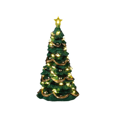 Albero di Natale verde con luci bianco caldo, ghirlande dorate e stella luminosa in cima.