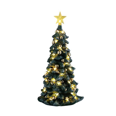 Albero di Natale verde leggermente innevato con decorazioni oro e luci LED calde, con stella luminosa sulla cima.
