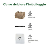Imballaggio riciclabile composto da cartone modellato, maniglia in plastica PP05 e sacchetto in plastica degradabile.