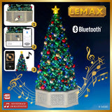Istruzioni per accensione, connessione Bluetooth e riproduzione musicale sull’albero Lemax decorato.