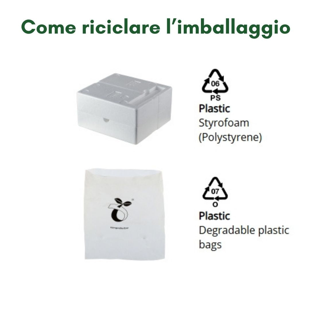 Imballaggio riciclabile composto da polistirolo espanso PS06 e sacchetto in plastica degradabile.