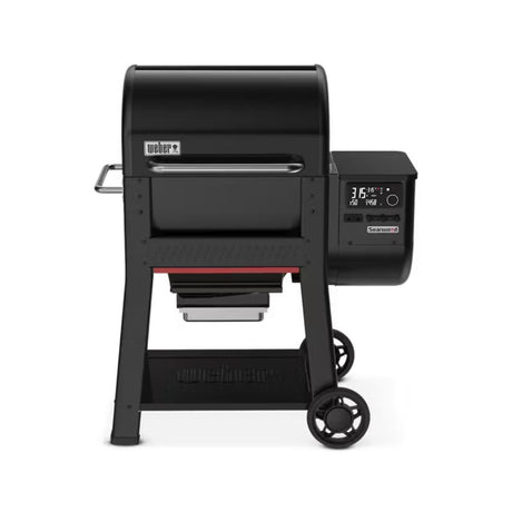 Barbecue a pellet Weber Searwood nero visto frontalmente con display laterale
