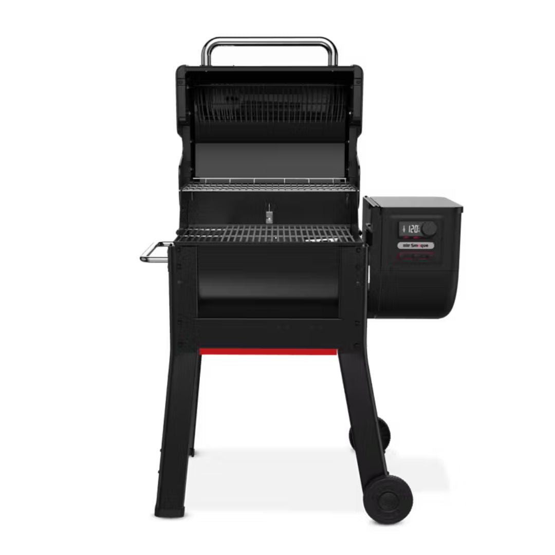 Barbecue a pellet Weber Smoque aperto con griglie di cottura visibili