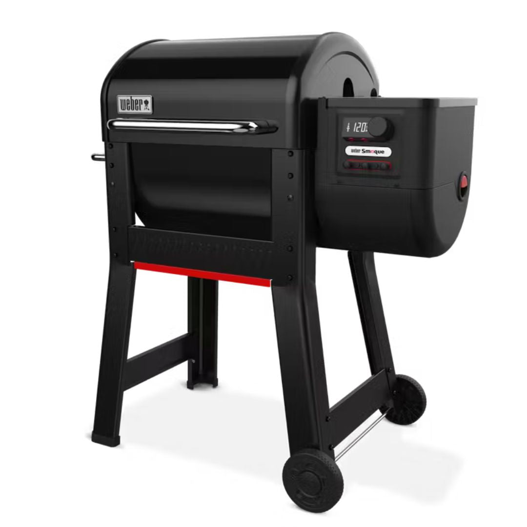 Barbecue a pellet Weber Smoque nero in vista tre quarti con centralina laterale