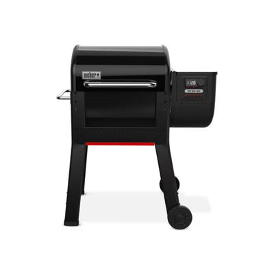 Barbecue a pellet Weber Smoque nero visto frontalmente con display laterale