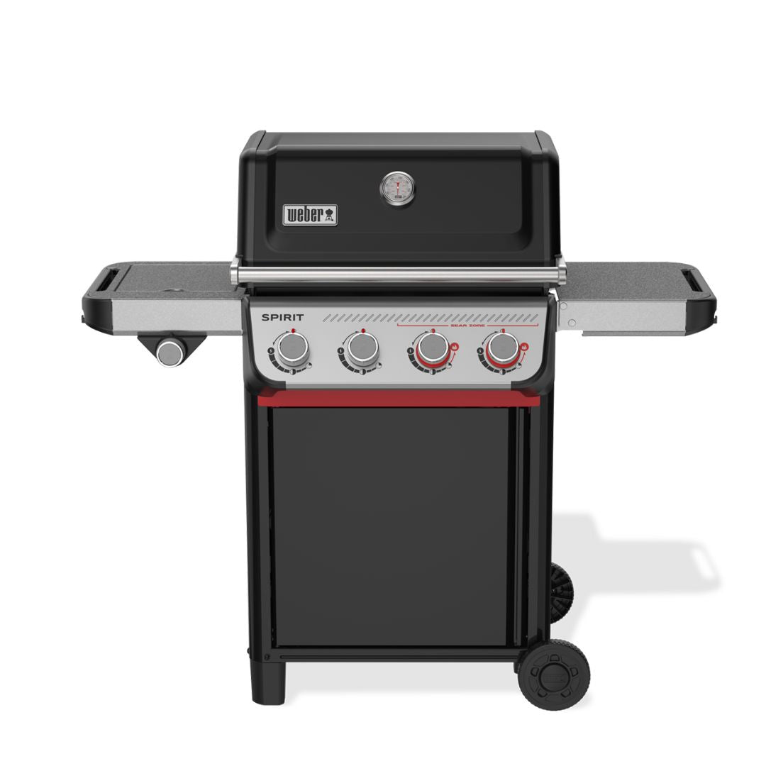 Barbecue a gas Weber Spirit E-435 nero visto frontalmente con ripiani laterali