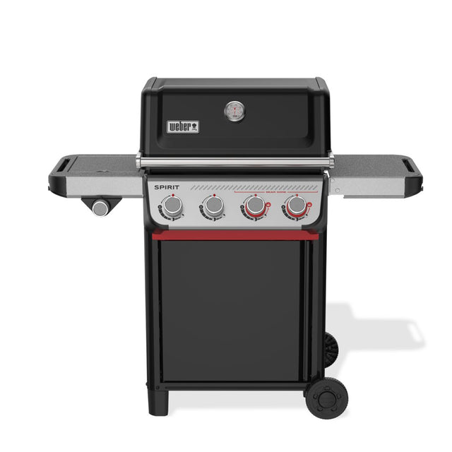Barbecue a gas Weber Spirit E-435 nero visto frontalmente con ripiani laterali