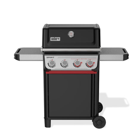 Barbecue a gas Weber Spirit E-425 nero visto frontalmente con ripiani laterali aperti