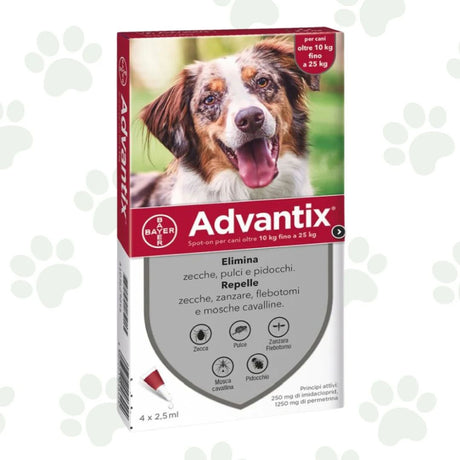 Confezione di 4 pipette spot-on antiparassitario per cani 10-25 kg di peso Advantix.