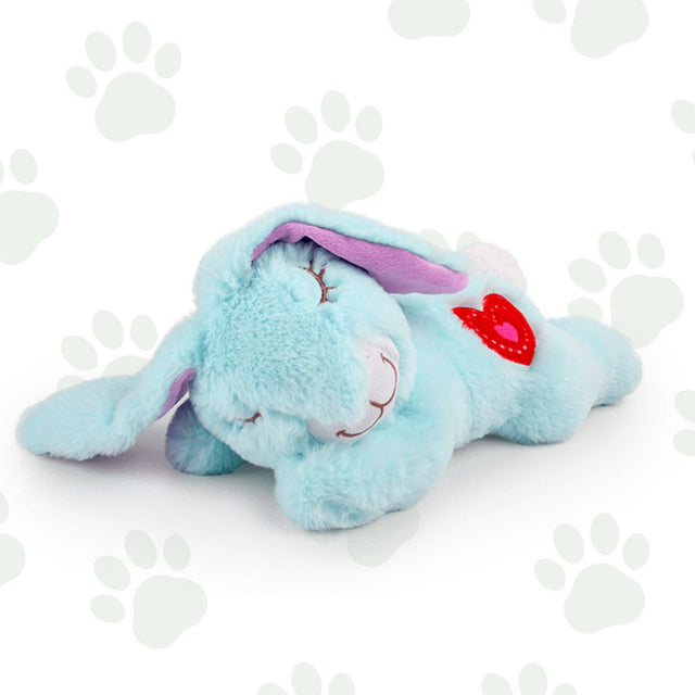Peluche a forma di coniglietto azzurro per cani visto frontalmente.