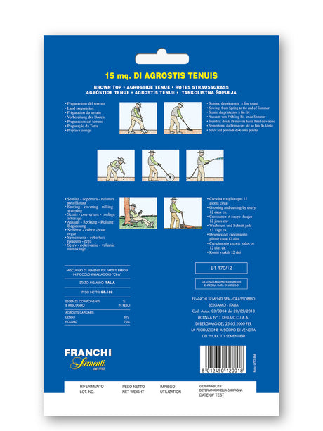 Retro della confezione di Agrostis Tenius con istruzioni