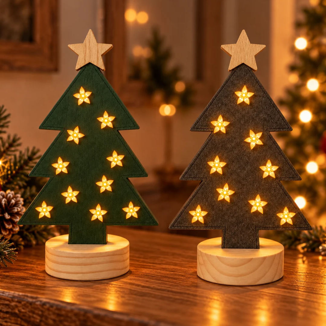 Due alberelli di Natale Garden Team verdi e marroni con 10 LED caldi a forma di fiore, stelle e basi in legno.