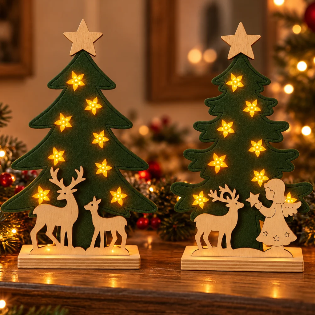 Due alberelli di Natale verdi con 10 LED caldi, decorazioni in legno con renne e angelo, ambientati insieme