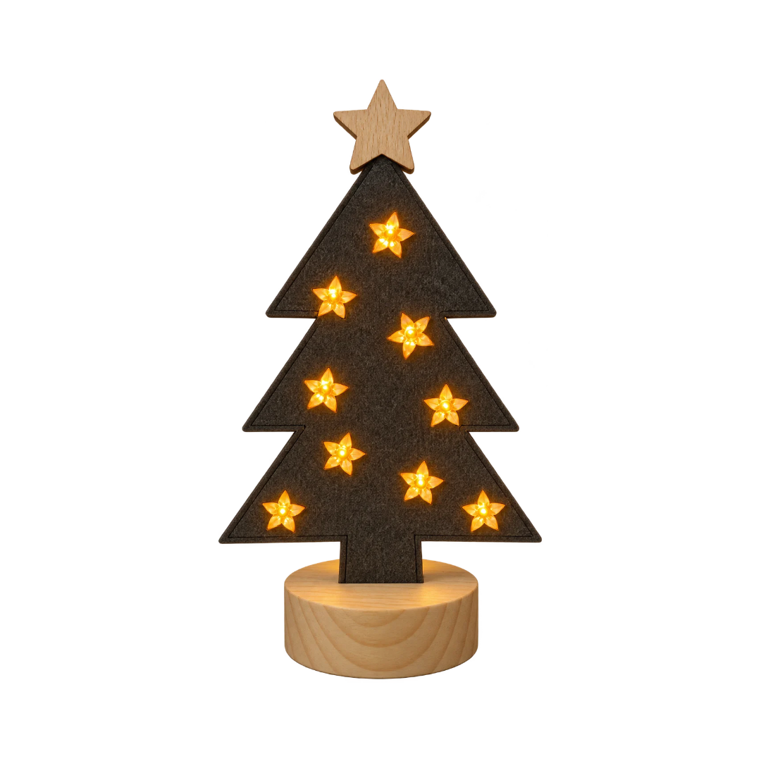 Albero di Natale decorativo marrone scuro in legno con stella naturale, base rotonda e luci LED calde a forma di fiore