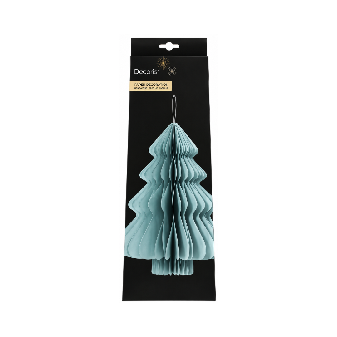 Alberello di Natale decorativo in carta pieghettata azzurra nella confezione originale