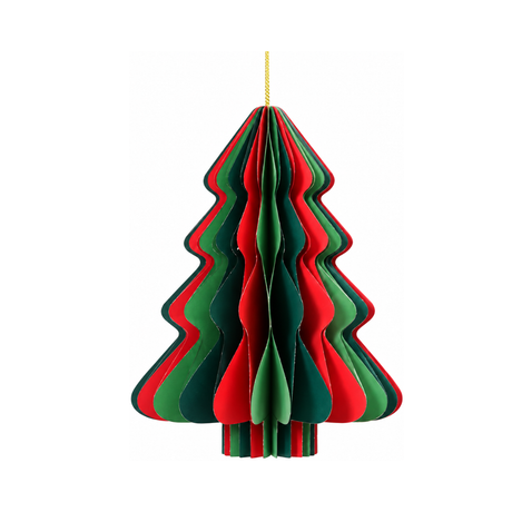 Alberello di Natale decorativo in carta pieghettata rossa e verde con cordino dorato