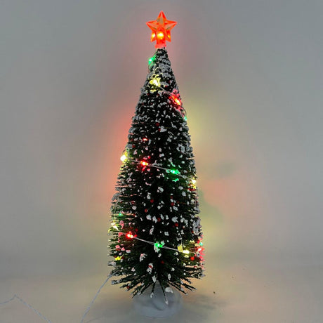 Albero di Natale decorativo con neve artificiale, luci LED multicolore e stella luminosa sulla punta.
