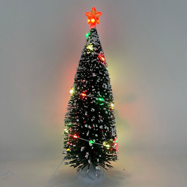 Albero di Natale decorativo con neve artificiale, luci LED multicolore e stella luminosa sulla punta.