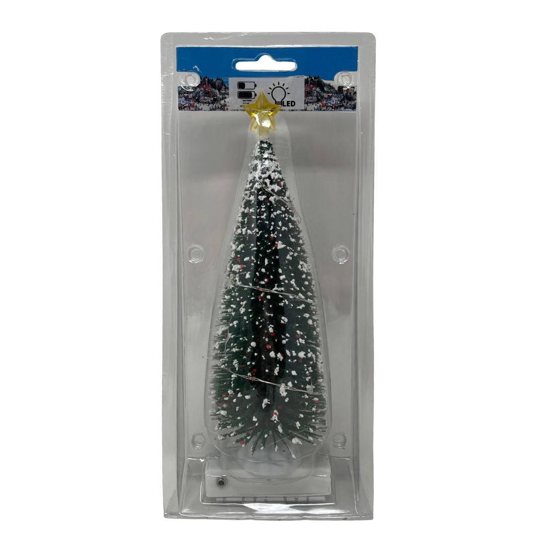 Albero natalizio innevato con micro LED multicolore confezionato in blister trasparente.

