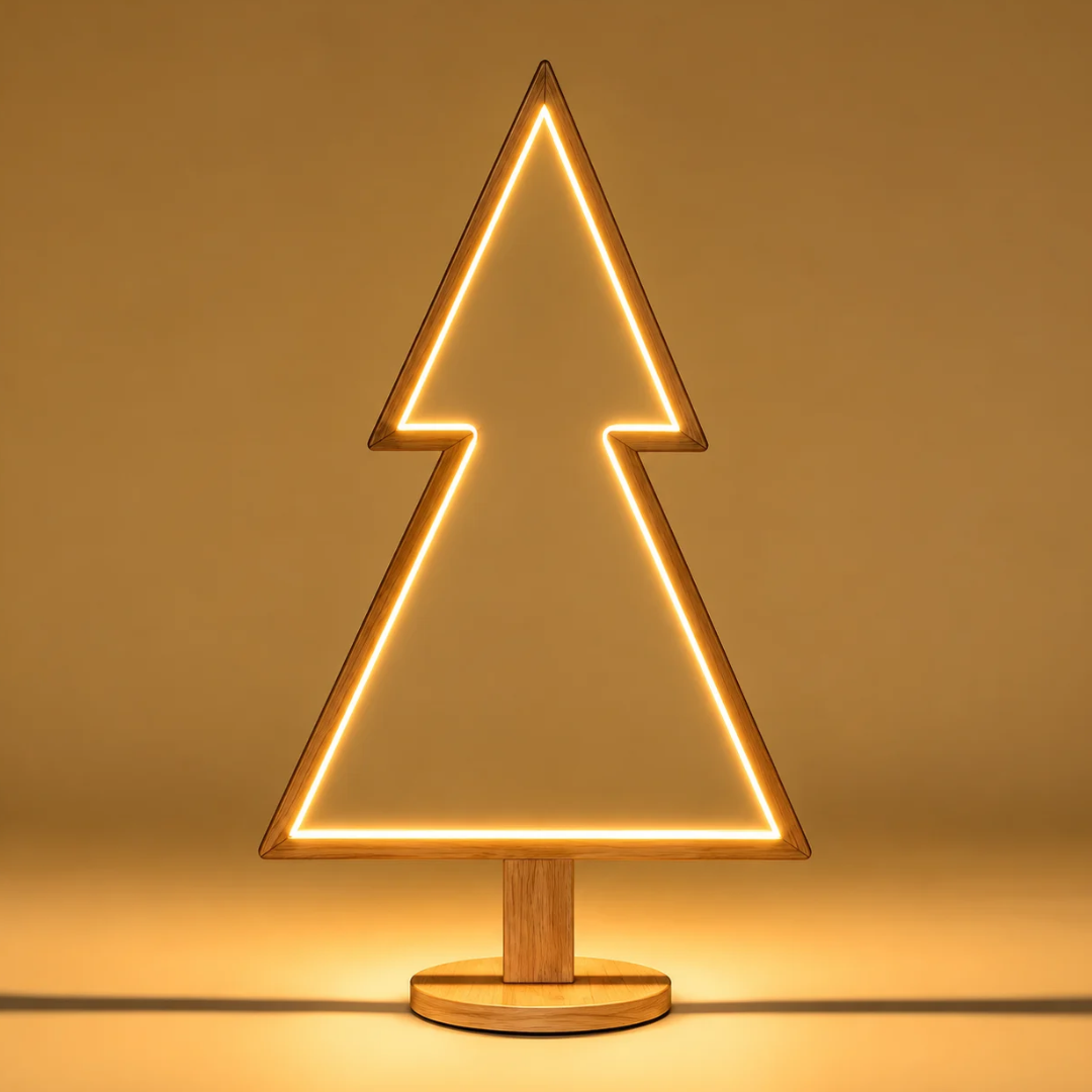 Albero di Natale decorativo in legno sbiancato con illuminazione LED giallo.