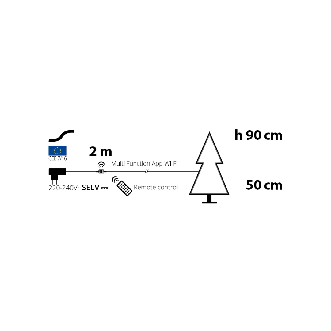 Schema tecnico dell'albero natalizio luminoso alto 90 cm, largo 50 cm, con cavo di alimentazione da 2 m.