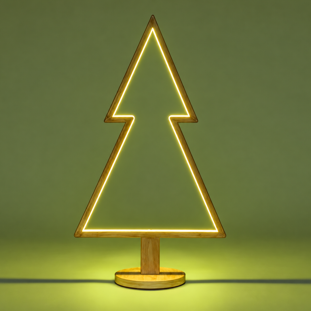 Albero natalizio in legno sbiancato con profilo luminoso LED giallo.
