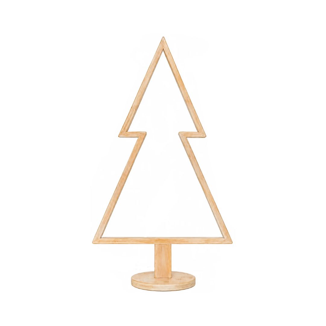 Albero di Natale decorativo in legno sbiancato, con profilo luminoso LED e base rotonda.