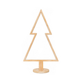 Albero di Natale decorativo in legno sbiancato, con profilo luminoso LED e base rotonda.