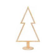 Albero di Natale decorativo in legno sbiancato, con profilo luminoso LED e base rotonda.