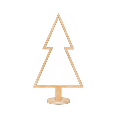 Albero di Natale decorativo in legno sbiancato, con profilo luminoso LED e base rotonda.