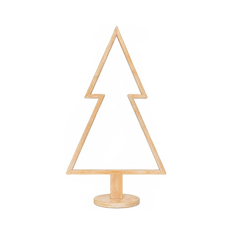 Albero di Natale decorativo in legno sbiancato, con profilo luminoso LED e base rotonda.