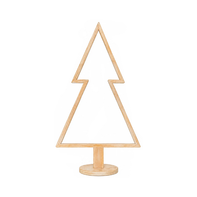 Albero di Natale decorativo in legno sbiancato, con profilo luminoso LED e base rotonda.
