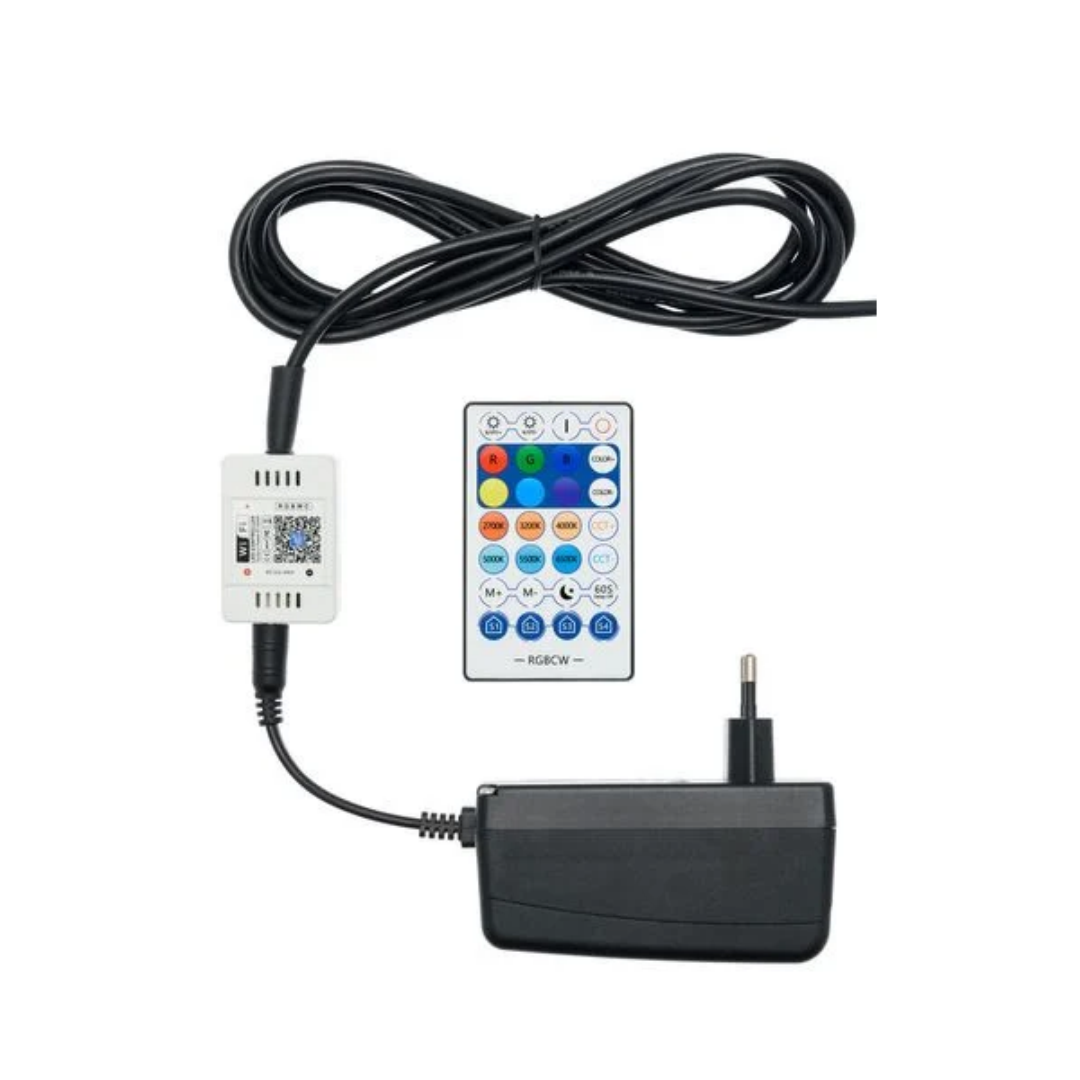 Telecomando RGBWW, centralina Wi-Fi, cavo e alimentatore dell'albero natalizio luminoso.