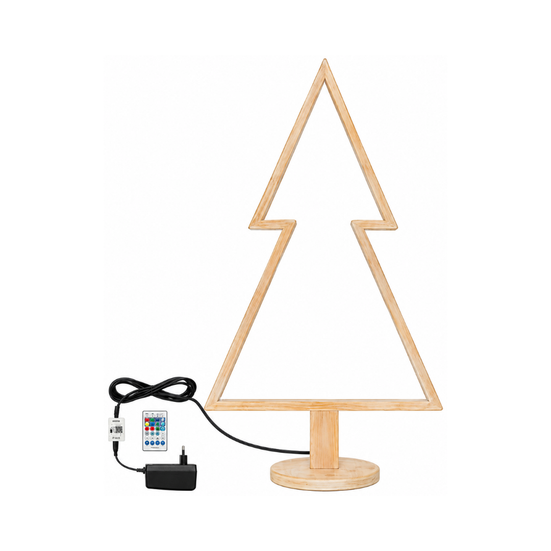 Albero natalizio in legno sbiancato con profilo LED RGBWW, telecomando, alimentatore e cavo nero.