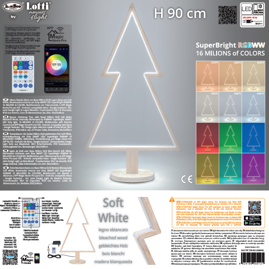Scheda tecnica dell'albero natalizio luminoso RGBWW in legno sbiancato, alto 90 cm, con controllo Wi-Fi e telecomando.