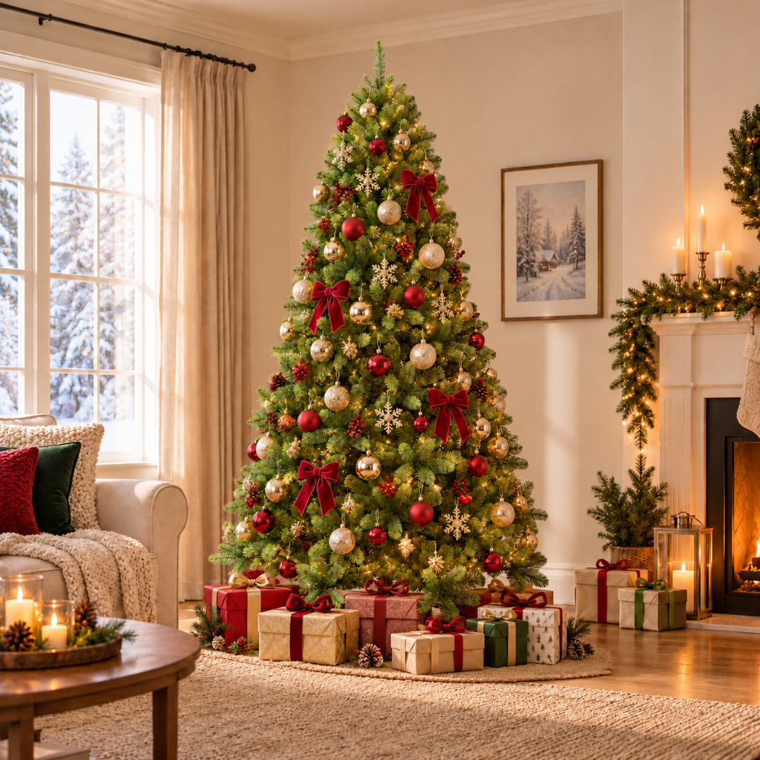 Albero di Natale artificiale classico modello Alberta  addobbato in una casa natalizia