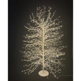 Albero decorativo natalizio bianco con rami sottili illuminato da micro LED bianco caldo su sfondo nero alto 150 cm.